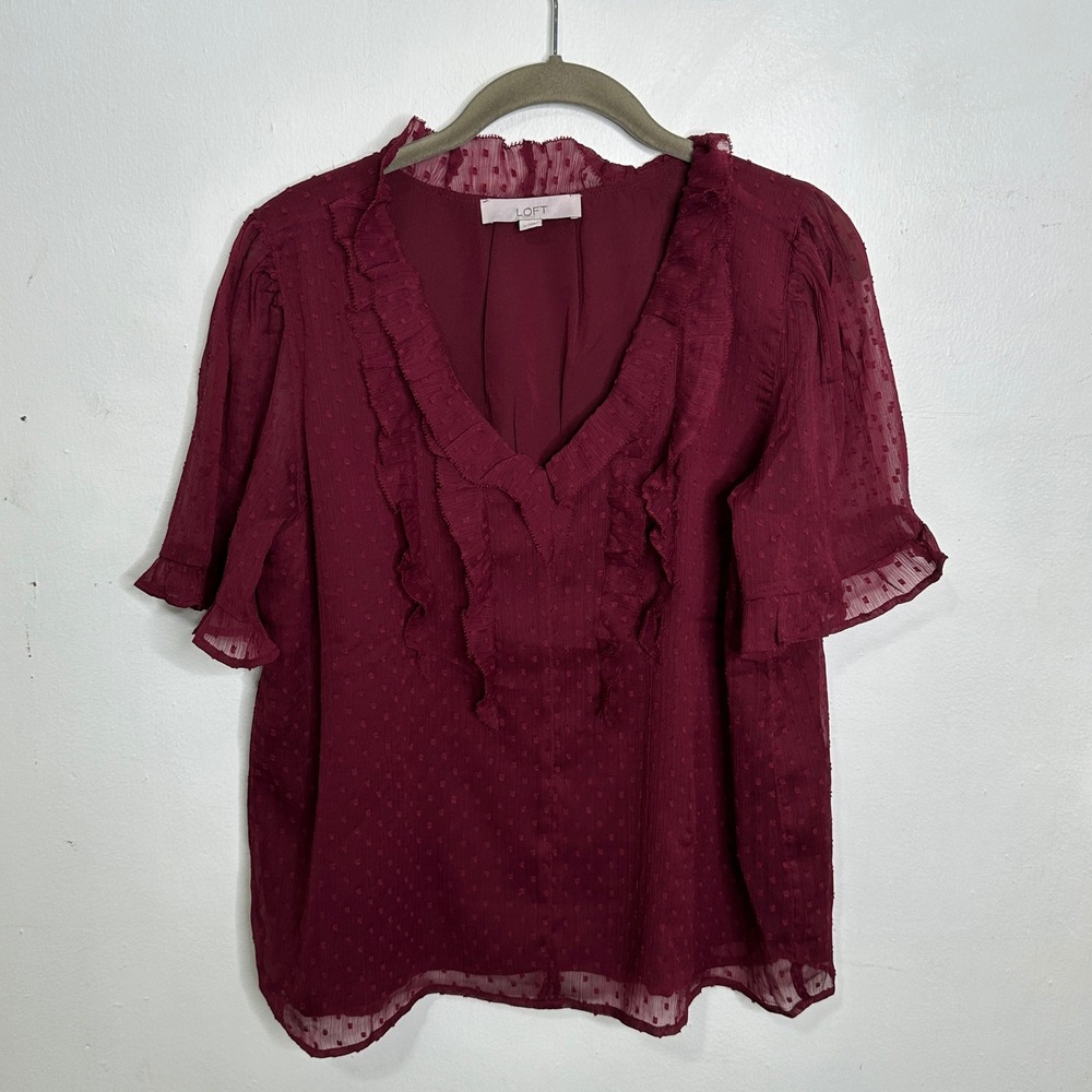 LOFT Womens Burgundy Clip Dot Ruffle V-Neck Flutter Sleeve Blouse Top Size M